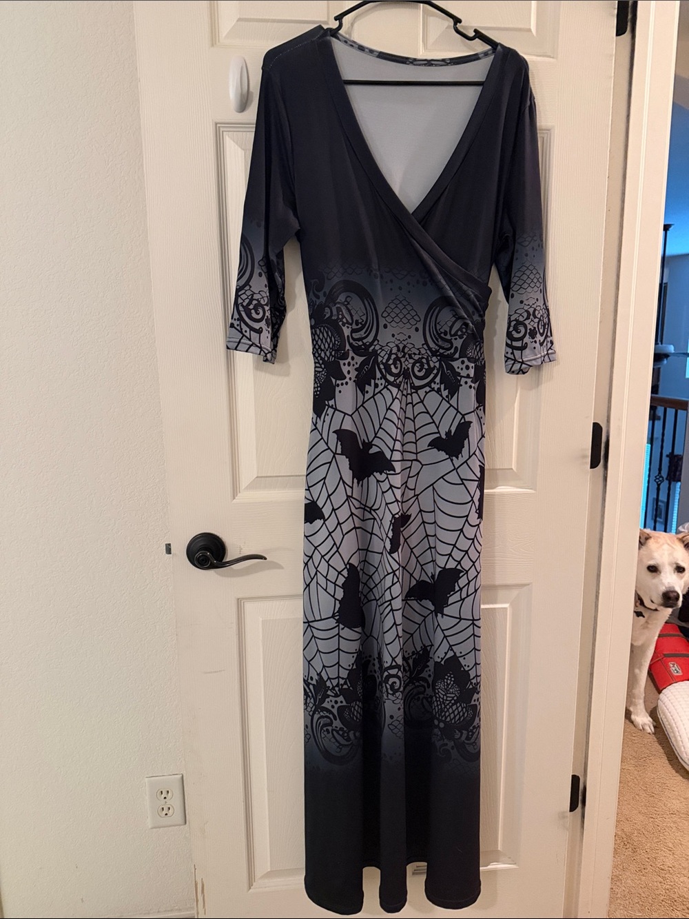 Women's Black and Gray Ombre Wrap Maxi Dress with Gothic Web Print.